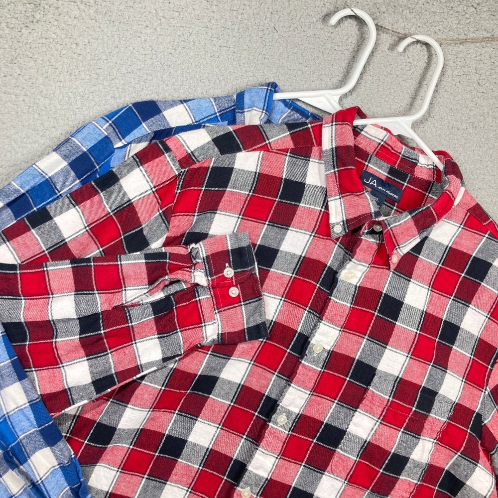 John‎ Ashford Flannel Shirts Mens XXL Red Blue Plaid 2 Pack Cotton Button Down